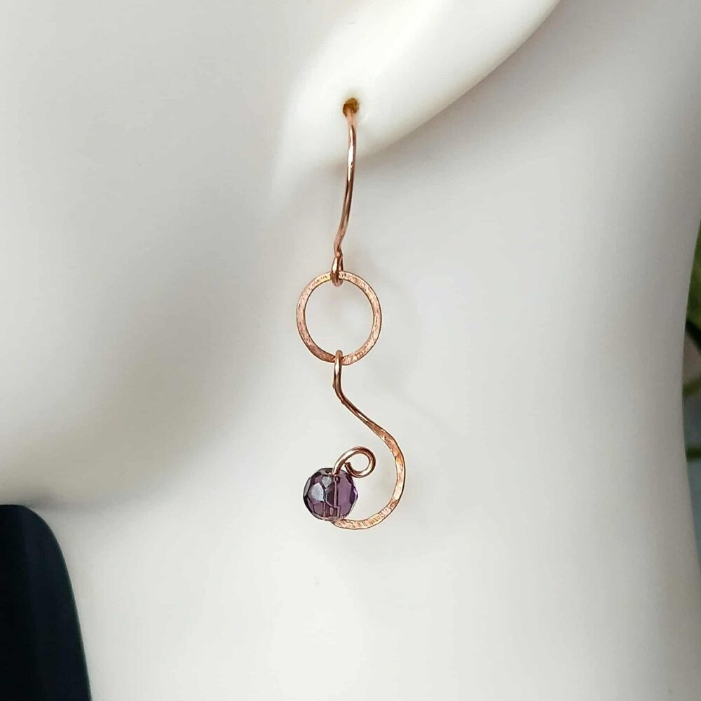 BOGO EARRINGS Boho Chic Purple Glass Beaded Dangle Earrings, Hammered Copper 2"